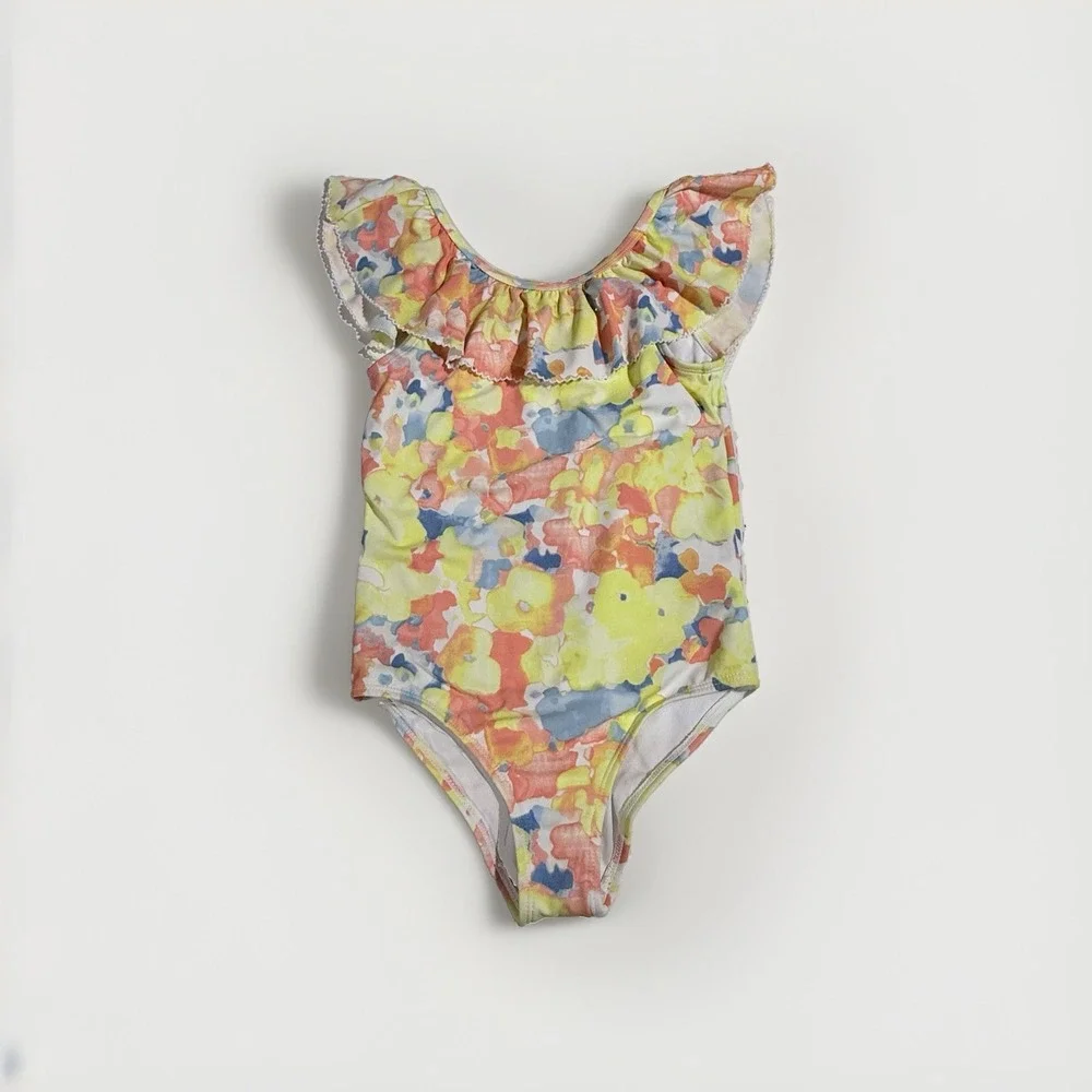 Janie and Jack Girls Yellow Orange Blue Floral One Piece Swimsuit Ruffle Size 8